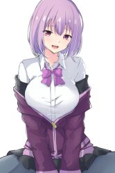Rule 34 | 1girl, absurdres, black pantyhose, black skirt, bow, bowtie, breasts, collared shirt, gridman universe, highres, jacket, large breasts, light purple hair, long sleeves, looking at viewer, matcha latte, off shoulder, open mouth, pantyhose, purple bow, purple bowtie, purple jacket, red eyes, school uniform, shinjou akane, shirt, short hair, simple background, sitting, skirt, smile, solo, ssss.gridman, white background, white shirt