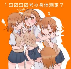 Rule 34 | !, 4girls, :o, ?, asshuku, blue skirt, blush, brown eyes, brown hair, brown vest, cheek poking, clone, clothes lift, commentary request, empty eyes, jitome, lifting another&#039;s clothes, m/, misaka imouto, misaka imouto 19090, multiple girls, orange background, poking, school uniform, shirt, shirt lift, short hair, short sleeves, siblings, simple background, sisters, skirt, surrounded, sweatdrop, toaru majutsu no index, tokiwadai school uniform, translation request, v-shaped eyebrows, vest, white shirt