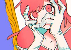 Rule 34 | 1000-nen ikiteru (vocaloid), 1girl, chromatic aberration, close-up, collarbone, commentary request, covered mouth, dress, empty eyes, gloves, hands on own face, highres, long hair, looking at viewer, picture frame, pink dress, pink eyes, pink hair, puffy short sleeves, puffy sleeves, purple background, short sleeves, signature, simple background, solo, through medium, through painting, tsuguchika, upper body, vocaloid, white gloves, wide-eyed
