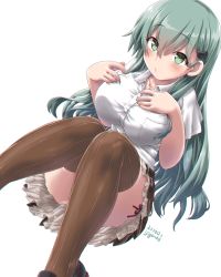 Rule 34 | 1girl, aqua hair, blush, breasts, brown legwear, brown skirt, collarbone, dated, dd (ijigendd), frilled skirt, frills, green eyes, hair ornament, hairclip, hands on own chest, kantai collection, large breasts, long hair, looking at viewer, pleated skirt, shirt, short sleeves, simple background, sitting, skirt, solo, suzuya (kancolle), white background, white shirt