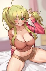 Rule 34 | 1girl, ahoge, blonde hair, blush, breasts, cal devens, cleavage, clenched teeth, collarbone, commentary, commentary request, fingernails, green eyes, hair between eyes, highres, kaptivate, large breasts, long hair, looking at viewer, midriff, one eye closed, phantom of inferno, sitting, smile, solo, teeth, thighs, twintails