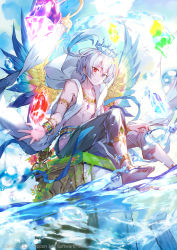 Rule 34 | 1boy, barefoot, blue eyes, blue ribbon, blue wings, bracelet, company name, crown, crystal, day, heterochromia, ibara riato, jewelry, male focus, official art, outdoors, red eyes, ribbon, sitting, water, watermark, white hair, wings, z/x