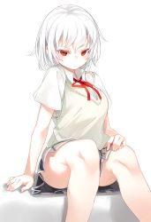 Rule 34 | 1girl, absurdres, akira (otokuyou), blouse, blush, breasts, closed mouth, commentary request, expressionless, grey skirt, hair between eyes, hand on own chest, highres, knees, large breasts, looking at viewer, original, otokuyou, pleated skirt, psd available, red eyes, school uniform, shirt, short hair, short sleeves, simple background, sitting, skirt, solo, sweater vest, thighs, tsurime, white background, white hair, white shirt