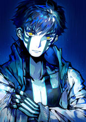 Rule 34 | 1boy, black hair, blue background, blue theme, closed mouth, collarbone, commentary, demi-fiend, expressionless, full-body tattoo, highres, hood, hooded jacket, jacket, looking at viewer, male focus, open clothes, open jacket, rain, sherytan, shin megami tensei, shin megami tensei iii: nocturne, short hair, solo, tattoo, upper body, yellow eyes