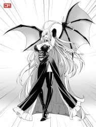 Rule 34 | 1girl, absurdres, bakemonogatari, bat wings, breasts, detached sleeves, dress, emphasis lines, greyscale, grin, hair horns, hands up, high heels, highres, j adsen, kiss-shot acerola-orion heart-under-blade, large breasts, long hair, looking at viewer, monochrome, monogatari (series), oshino shinobu, pointy ears, side slit, signature, smile, solo, spread wings, standing, thighhighs, very long hair, wings