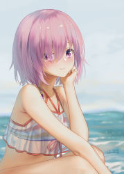 Rule 34 | 1girl, artist name, bare arms, bare shoulders, bikini, blurry, blurry background, blush, closed mouth, cloud, cloudy sky, collarbone, day, depth of field, eyes visible through hair, fate/grand order, fate (series), from side, hair over one eye, hand on own cheek, hand on own face, haneru, highres, looking at viewer, looking to the side, mash kyrielight, mash kyrielight (swimsuit of perpetual summer ver.02), multicolored bikini, multicolored clothes, ocean, official alternate costume, outdoors, purple eyes, purple hair, red ribbon, ribbon, see-through, short hair, sky, smile, solo, squatting, swimsuit, thighs