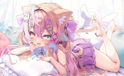 Rule 34 | 1girl, :d, animal ears, arm support, bare arms, bare legs, bare shoulders, barefoot, between toes, blonde hair, blue eyes, bow, bowtie, cat ears, cat girl, cat tail, commission, feet, frilled pillow, frills, full body, gradient hair, hair bow, hair ornament, hairclip, head rest, heterochromia, highres, legs, light brown hair, long hair, looking at viewer, lying, miniskirt, multicolored hair, nyahu (nyahu 77), on stomach, open mouth, pill hair ornament, pillow, pink hair, pleated skirt, purple skirt, rabbit hair ornament, red eyes, shirt, skeb commission, skirt, sleeveless, sleeveless shirt, smile, soles, stuffed animal, stuffed rabbit, stuffed toy, tail, toenails, toes, vrchat, x hair ornament