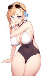 Rule 34 | 1girl, azur lane, bare arms, bare shoulders, blonde hair, blue eyes, bracelet, breasts, btraphen, cleavage, covered navel, earrings, eyewear on head, highres, hood (azur lane), hood (lady of the shining sun) (azur lane), invisible chair, jewelry, large breasts, long hair, looking at viewer, one-piece swimsuit, open mouth, sidelocks, simple background, sitting, smile, solo, sunglasses, sunglasses on head, swimsuit, thighs, white background