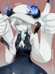 Rule 34 | 1girl, abyssal ship, akino shuu, aqua necktie, black dress, blue eyes, character name, colored skin, dress, gradient background, hat, kantai collection, long hair, necktie, pale skin, prototype aircraft carrier princess, solo, twitter username, white hair, white hat, white skin