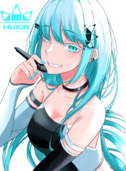 Rule 34 | 1girl, absurdres, bare shoulders, black choker, blue eyes, blue hair, breasts, choker, cleavage, collarbone, commentary request, detached sleeves, earrings, hair ornament, highres, holding, huion, ichiki 1, jewelry, light blue hair, long hair, looking at viewer, medium breasts, mole, mole on body, mole under mouth, nail polish, one eye closed, simple background, smile, tank top, white background