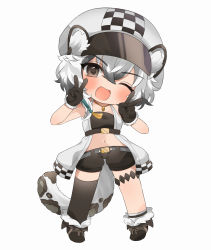 Rule 34 | 1girl, ;d, absurdres, animal ear fluff, animal ears, arknights, asymmetrical legwear, bare shoulders, black footwear, black gloves, black shorts, black thighhighs, blush, brown eyes, cabbie hat, checkered clothes, checkered headwear, chibi, cliffheart (arknights), crop top, double v, fang, full body, fur-trimmed gloves, fur trim, gloves, grey background, grey hair, hair between eyes, hands up, hat, highres, jacket, leopard ears, leopard girl, leopard tail, multicolored hair, navel, one eye closed, open clothes, open jacket, open mouth, shoes, short shorts, shorts, simple background, single sock, single thighhigh, sleeveless, sleeveless jacket, smile, socks, solo, standing, streaked hair, tail, takumi mizuki, thighhighs, v, v-shaped eyebrows, white hat, white socks
