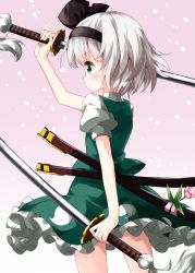 Rule 34 | 1girl, arm up, black hairband, black ribbon, blush, commentary request, cowboy shot, dual wielding, flower, from behind, gradient background, green eyes, green skirt, green vest, hair ribbon, hairband, highres, holding, holding sword, holding weapon, katana, konpaku youmu, petticoat, pink background, pink flower, profile, puffy short sleeves, puffy sleeves, ribbon, ruu (tksymkw), scabbard, sheath, shirt, short hair, short sleeves, silver hair, skirt, skirt set, solo, standing, sword, thighs, touhou, vest, weapon, white background, white shirt