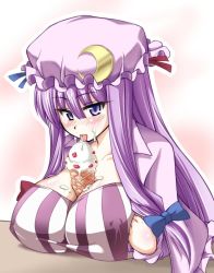 Rule 34 | 1girl, bad id, bad pixiv id, between breasts, blue eyes, blush, breast rest, breasts, breasts squeezed together, capelet, cleavage, collarbone, covered erect nipples, crescent, crescent moon, desk, female focus, food, food on face, hat, huge breasts, ice cream, impossible clothes, impossible shirt, jpeg artifacts, leaning forward, licking, long hair, looking at viewer, moon, nightgown, nose blush, patchouli knowledge, purple eyes, purple hair, sexually suggestive, shirt, solo, taut clothes, taut shirt, tongue, tongue out, touhou, try (lsc), very long hair