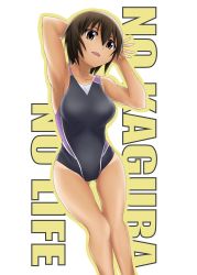 Rule 34 | 1girl, arms behind head, azumanga daiou, text background, black hair, black one-piece swimsuit, brown eyes, commentary request, competition swimsuit, english text, feet out of frame, gluteal fold, kagura (azumanga daioh), leaning to the side, morichan, one-piece swimsuit, open mouth, short hair, solo, standing, swimsuit, tan, tanline, thigh gap, white background