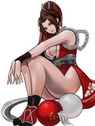 Rule 34 | 1girl, :d, bare shoulders, breasts, brown eyes, brown hair, fatal fury, hands on own knees, high ponytail, highres, legs together, long hair, looking at viewer, medium breasts, meke (77842928), ninja, open mouth, pelvic curtain, ponytail, revealing clothes, shiranui mai, smile, snk, solo, the king of fighters, thighs, wrist cuffs
