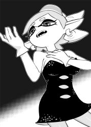 Rule 34 | 1girl, absurdres, breasts, commentary request, cowboy shot, cross-shaped pupils, dress, earrings, fangs, gloves, greyscale, hand on own chest, highres, inkling, jewelry, marie (splatoon), medium breasts, mole, mole under eye, monochrome, nintendo, o den, open mouth, pointy ears, short dress, solo, splatoon (series), splatoon 1, strapless, strapless dress, symbol-shaped pupils, tentacle hair