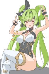 Rule 34 | 1girl, absurdres, ai-chan (chrono navi) (honkai impact), ai-chan (honkai impact), arms up, barcode, barcode tattoo, bare shoulders, bracelet, breasts, crossed legs, double v, fangs, green hair, hair rings, hairband, highres, honkai (series), honkai impact 3rd, jewelry, kyaong, large breasts, long hair, looking at viewer, mechanical legs, open mouth, red eyes, sitting, solo, tattoo, twintails, v, white background