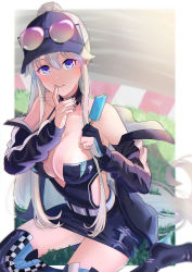 Rule 34 | 1girl, azur lane, bare shoulders, belt, blue eyes, breasts, cleavage, coat, collarbone, eating, enterprise (azur lane), enterprise (wind catcher) (azur lane), eyewear on head, finger to mouth, fingerless gloves, food, gloves, grass, jacket, large breasts, long hair, looking at viewer, miniskirt, nytail, official alternate costume, open clothes, partially fingerless gloves, partially unzipped, popsicle, purple-tinted eyewear, purple coat, race queen, skirt, solo, sunglasses, taki tohko, tinted eyewear