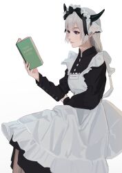 Rule 34 | 1girl, absurdres, apron, black dress, blue eyes, book, closed mouth, collared dress, copyright request, dethmaid, dress, grey hair, hand up, highres, horns, long hair, long sleeves, maid apron, maid headdress, open book, photo-referenced, profile, simple background, translation request, white apron, white background