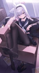 Rule 34 | 1girl, plana (blue archive), absurdres, black choker, black pantyhose, black sailor collar, black serafuku, black shirt, black skirt, blue archive, choker, collarbone, commentary request, dango remi, feet, hairband, halo, highres, jacket, leg up, loafers, long hair, long sleeves, looking at viewer, neckerchief, no shoes, paid reward available, pantyhose, pleated skirt, sailor collar, school uniform, serafuku, shirt, shoes, unworn shoes, sitting, skirt, soles, solo, tiles