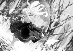 Rule 34 | 10s, 1girl, boots, cleaned, gloves, greyscale, highres, knee boots, long hair, monochrome, official art, parasol, solo, tagme, takase akiko, tree, umbrella, violet evergarden, violet evergarden (series)