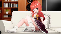 Rule 34 | 1girl, akai ringo (ookami-san), bookshelf, brown dress, brown eyes, capelet, clothes lift, commentary request, commission, couch, dress, dress lift, feet, foot focus, gibun (sozoshu), hand to own mouth, highres, indoors, knees up, legs, looking at viewer, ookami-san, orange hair, panties, panty peek, pillow, pixiv commission, red capelet, shirt, short hair, sitting, smile, socks, soles, solo, thighs, toes, underwear, upskirt, white footwear, white panties, white shirt
