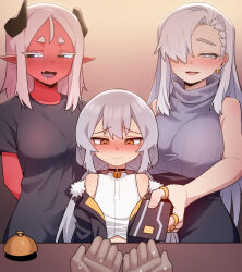 Rule 34 | 1boy, 2girls, age difference, arms behind back, bell, black sclera, black shirt, blush, breasts, broken horn, card, colored sclera, colored skin, credit card, demon girl, demon horns, earrings, fang, fur trim, green eyes, grey hair, grey sweater, hair over one eye, highres, holding, holding card, hong ryu kang, horns, ikr (artist), illia (ikr), jewelry, large breasts, long hair, looking at another, looking at viewer, multiple girls, neck bell, nose blush, open mouth, original, pointy ears, pov, pov hands, red skin, ring, shirt, short sleeves, sleeveless, sleeveless shirt, sleeveless sweater, smile, sweater, thumb ring, tongkkangi, tongkkangi (streamer), trap, virtual youtuber, white eyes, white shirt, yellow eyes