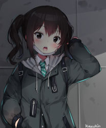 Rule 34 | 1girl, :o, artist name, black jacket, blush, brown eyes, brown hair, collared shirt, commentary request, drawstring, green necktie, hand in pocket, hand up, highres, hood, hood down, hooded jacket, idolmaster, idolmaster cinderella girls, jacket, kaxukin, long hair, long sleeves, looking at viewer, mask, mask pull, mole, mole under eye, mouth mask, necktie, open mouth, shade, sharp teeth, shirt, sidelocks, sleeves past wrists, solo, striped necktie, striped neckwear, sunazuka akira, surgical mask, teeth, twintails, upper body, upper teeth only, wavy hair, white shirt
