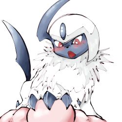 Rule 34 | 1boy, absol, absurdres, bald, blush, bright pupils, claws, creatures (company), fangs, foot on another&#039;s face, fur collar, game freak, gen 3 pokemon, highres, looking at another, looking down, lying, nintendo, on back, open mouth, pokemon, pokemon (creature), red eyes, red leopard, short hair, sidelocks, simple background, solo focus, standing on person, stepped on, white background, white pupils