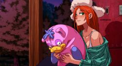 Rule 34 | 1girl, bare shoulders, bra, dmitry grozov, freckles, fur hat, gravity falls, green eyes, green shirt, hat, highres, long hair, looking at viewer, open clothes, open shirt, red hair, shirt, smile, solo, stuffed toy, underwear, ushanka, wendy corduroy, white bra