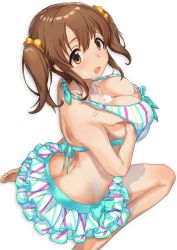 Rule 34 | 10s, 1girl, absurdres, bikini, breasts, brown eyes, brown hair, butt crack, cream, cream on body, cream on face, food, food on face, grabbing own breast, highres, ice cream, idolmaster, idolmaster cinderella girls, large breasts, looking back, makamati, open mouth, simple background, solo, swimsuit, totoki airi, twintails