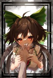Rule 34 | 1girl, 1other, absurdres, ahoge, bow, breasts, brown hair, commentary request, finger sucking, green bow, hair bow, highres, hira-san, large breasts, long hair, looking at viewer, red eyes, reiuji utsuho, short sleeves, solo, solo focus, touhou