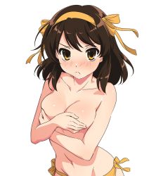 Rule 34 | 1girl, bikini, bikini bottom only, blush, breasts, brown eyes, brown hair, closed mouth, collarbone, commentary request, covering privates, covering breasts, crossed arms, frown, hair ribbon, hairband, hands up, highres, hotaru iori, ichimi renge, linea alba, looking at viewer, medium breasts, medium hair, navel, orange bikini, orange hairband, orange ribbon, ribbon, second-party source, simple background, solo, suzumiya haruhi, suzumiya haruhi no yuuutsu, swimsuit, topless, white background