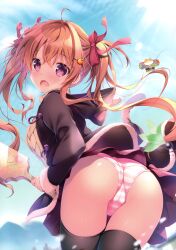 Rule 34 | 1girl, :o, absurdres, ass, black jacket, black thighhighs, blue sky, brown hair, cat, clothes lift, day, fang, food-themed hair ornament, hair ornament, hair ribbon, highres, holding, holding paddle, jacket, long hair, looking at viewer, mikeou, non-web source, open mouth, orange hair ornament, original, outdoors, paddle, panties, pleated skirt, purple skirt, red eyes, ribbon, skirt, skirt lift, sky, solo, standing, striped clothes, striped panties, sweater, thighhighs, turtleneck, turtleneck sweater, underwear, very long hair