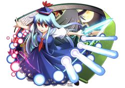 Rule 34 | 1girl, back-to-back, blue dress, blue hair, danmaku, dated, dress, dual persona, ex-keine, full body, full moon, hakoniwa tsuka, hat, kamishirasawa keine, long hair, looking at viewer, moon, outstretched arms, puffy short sleeves, puffy sleeves, red eyes, scroll, short sleeves, sidelocks, signature, sword, touhou, weapon, white background