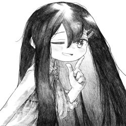 Rule 34 | 1girl, blush, brooch, cevio, collared dress, colored inner hair, dress, finger to cheek, floating hair, from side, futaba minato, greyscale, hair ornament, hairclip, hand up, highres, jewelry, kilsturgeon, long hair, looking at viewer, looking to the side, monochrome, multicolored hair, neck ribbon, one eye closed, open mouth, raised eyebrows, ribbon, scrunchie, sidelocks, simple background, sleeveless, sleeveless dress, smile, solo, sundress, upper body, wrist scrunchie