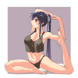 Rule 34 | 1girl, abo (hechouchou), alternate costume, barefoot, black hair, blush, border, breasts, brown eyes, closed mouth, collarbone, groin, hair between eyes, highres, kantai collection, large breasts, long hair, navel, ponytail, solo, white border, yahagi (kancolle), yoga