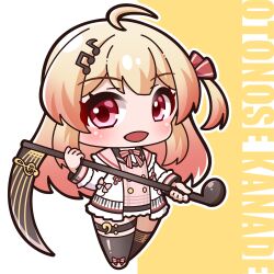 Rule 34 | 1girl, :d, absurdres, ahoge, beamed eighth notes, black sailor collar, black skirt, black thighhighs, blonde hair, blush, bow, character name, chibi, commentary request, eighth note, fortissimo, gradient hair, hair ornament, highres, holding, holding scythe, hololive, hololive dev is, jacket, long hair, looking at viewer, multicolored hair, musical note, musical note hair ornament, one side up, open clothes, open jacket, open mouth, orange hair, otonose kanade, outline, pink sailor collar, red bow, sailor collar, saishosaisekojo, scythe, skirt, smile, solo, standing, striped bow, thighhighs, treble clef, two-tone background, very long hair, virtual youtuber, white background, white jacket, white outline, yellow background