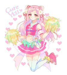 Rule 34 | 1girl, blush, cure yell, dress, hugtto! precure, long hair, magical girl, midriff, navel, pink hair, pom pom (cheerleading), precure, red eyes, solo