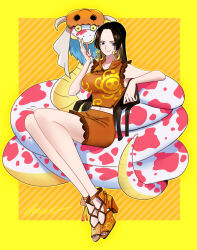 Rule 34 | 1girl, adapted costume, black hair, blue eyes, boa hancock, breasts, brown shirt, brown skirt, commentary request, cross-laced footwear, earrings, full body, halloween, high heels, highres, jewelry, kuja pirates jolly roger, large breasts, long hair, multiple boys, navel, one piece, orange footwear, pumpkin, salome (one piece), shirt, sitting, sitting on animal, skirt, smile, snake, snake earrings, souma (soumadian), tongue, tongue out, very long hair