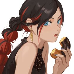 Rule 34 | 1girl, alternate hairstyle, bare shoulders, bite mark, black hair, blue eyes, blue nails, breasts, commentary, crow (gravity daze), doughnut, earrings, food, frills, from side, gravity daze, hand up, highres, holding, holding food, jewelry, long hair, looking at viewer, medium breasts, mossan351, multi-tied hair, multicolored hair, nail polish, open mouth, red hair, sideways glance, simple background, sleeveless, solo, symbol-only commentary, two-tone hair, white background