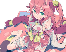 Rule 34 | 1girl, ahoge, bare shoulders, barefoot, bell, breasts, bridal garter, cat, cherry blossom print, closed mouth, commentary, detached sleeves, eyebrows hidden by hair, feet, floral print, frilled skirt, frills, from above, green eyes, hair bell, hair between eyes, hair ornament, hairclip, highres, hip vent, hololive, japanese clothes, jingle bell, kimono, kintoki (sakura miko), long hair, looking at viewer, medium breasts, nontraditional miko, obi, one side up, panties, paw print, paw print pattern, pink cat, pink hair, red skirt, ribbon-trimmed legwear, ribbon trim, sakura miko, sakura miko (1st costume), sash, side-tie panties, sideboob, simple background, sitting, skirt, sleeveless, sleeveless kimono, smile, solo, symbol-only commentary, tamo (gaikogaigaiko), thigh strap, underwear, virtual youtuber, wariza, white background, white kimono, x hair ornament