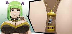 Rule 34 | 2girls, between breasts, blonde hair, brandish mew, breasts, cage, cleavage, collar, fairy tail, green hair, jewelry, large breasts, lucy heartfilia, mini person, minigirl, multiple girls, necklace, ravenravenraven, tagme, view between breasts