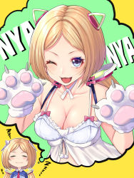 Rule 34 | 1girl, aki rosenthal, aki rosenthal (sleepwear), animal ears, animal hands, bare shoulders, blonde hair, blue eyes, blush, blush stickers, bob cut, bow, breasts, cat ears, choker, cleavage, collarbone, commentary request, detached hair, fake animal ears, fang, frills, gloves, green background, hair ornament, highres, hololive, large breasts, long hair, looking at viewer, mikan (chipstar182), multiple views, nyan, one eye closed, open mouth, parted bangs, paw gloves, pink bow, purple eyes, smile, thought bubble, tongue, tongue out, twintails, virtual youtuber, white choker, yellow background, zzz