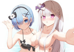 Rule 34 | 2girls, :o, absurdres, bare shoulders, bikini, bikini pull, black bikini, black bow, black hairband, blue eyes, blue hair, blush, bow, breasts, censored, cleavage, clothes pull, collarbone, commentary request, emilia (re:zero), eyebrows, front-tie top, hair censor, hair ornament, hair over one eye, hairband, halterneck, head tilt, highres, long hair, medium breasts, multiple girls, navel, open mouth, outstretched arm, pointy ears, purple eyes, re:zero kara hajimeru isekai seikatsu, rem (re:zero), short hair, smile, starlan, swimsuit, topless, upper body, water, water surface, white hair, x hair ornament