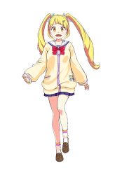Rule 34 | 1girl, blonde hair, blue skirt, blunt bangs, cardigan, collared shirt, full body, hair ornament, loafers, long hair, long sleeves, looking at viewer, magicami, miniskirt, official art, open mouth, pleated skirt, school uniform, shirt, shoes, sidelocks, skirt, smile, socks, transparent background, twintails, white shirt, white socks, yellow cardigan, yellow eyes, yuwase cocoa