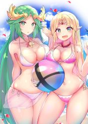 Rule 34 | 2girls, :d, asymmetrical docking, ball, bare arms, bare shoulders, beachball, bead necklace, beads, bikini, blonde hair, blue sky, breast press, breasts, choker, cleavage, cloud, collarbone, commentary request, cowboy shot, day, gluteal fold, green eyes, green hair, halterneck, hand up, highres, holding, jewelry, kid icarus, large breasts, long hair, looking at viewer, medium breasts, multiple girls, navel, necklace, nintendo, open mouth, outdoors, palutena, parted bangs, parted lips, petals, pink bikini, pointy ears, princess zelda, racket ti1, see-through, sidelocks, simple background, sky, smile, standing, super smash bros., swimsuit, the legend of zelda, tiara, triforce, very long hair, white bikini