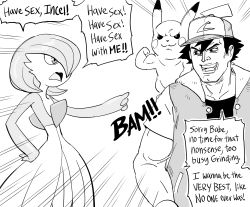 Rule 34 | 1boy, 1girl, :3, arm up, ash ketchum, baseball cap, bb (baalbuddy), blush stickers, bob cut, collarbone, colored skin, creatures (company), emphasis lines, english text, eye contact, flat chest, flexing, game freak, gardevoir, gen 1 pokemon, gen 3 pokemon, greyscale, hair over one eye, hand on own hip, happy, hat, highres, jacket, looking at another, looking to the side, monochrome, multicolored skin, muscular, muscular male, nintendo, on shoulder, one eye covered, open mouth, pikachu, pocket, pointing, pointing at another, pokemon, pokemon (anime), pokemon (classic anime), pokemon (creature), pokemon on shoulder, shirt, short hair, short sleeves, simple background, sketch, smile, speech bubble, spiked hair, standing, talking, teeth, text focus, two-tone skin, upper body, v-shaped eyebrows, white background