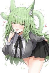 Rule 34 | 1girl, animal ear fluff, animal ears, arknights, bent over, black ribbon, black skirt, blunt bangs, blush, cardigan, cat ears, cat girl, cat tail, collared shirt, commentary request, cowboy shot, green eyes, green hair, grey cardigan, harmonie (arknights), heart, highres, horn/wood, long hair, long sleeves, looking at viewer, neck ribbon, open mouth, pleated skirt, ribbon, shirt, simple background, skirt, solo, tail, tongue, tongue out, very long hair, white background, white shirt