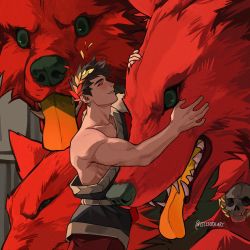 Rule 34 | 1boy, ancient greek clothes, black hair, black sclera, cerberus (hades), colored sclera, dog, etceteraart, greco-roman clothes, green eyes, hades (series), hades 1, heart, heterochromia, highres, laurel crown, leggings, male focus, multiple heads, muscular, open mouth, petting, red eyes, single bare shoulder, skull, smile, tail, tongue, tongue out, zagreus (hades)